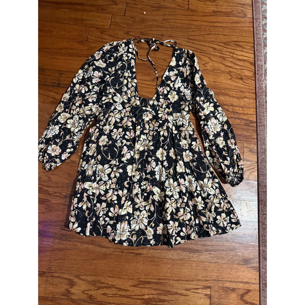 Free People Black Floral V-Neck Open Back Mini Dress XS Long Sleeve Boho